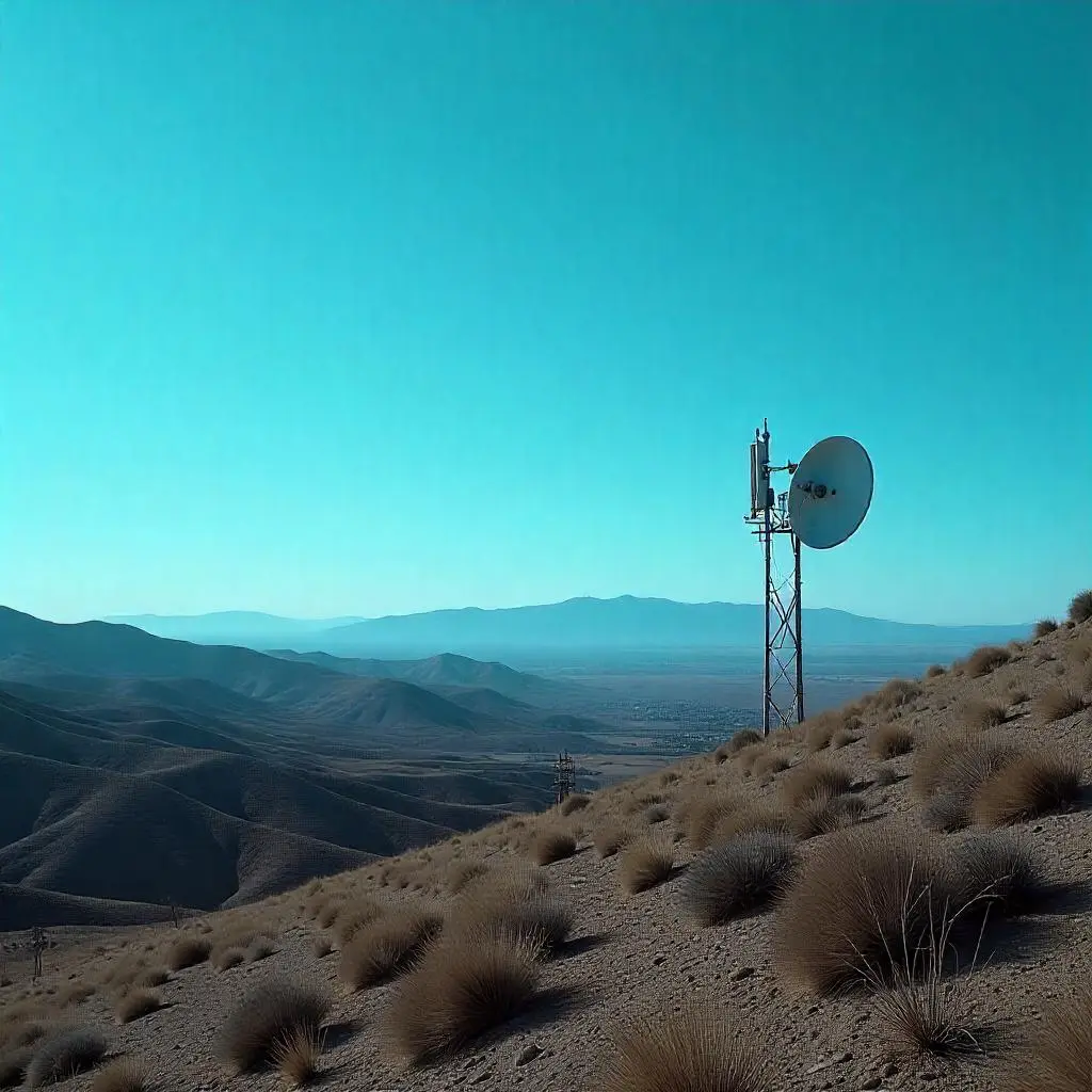 Paisaje rural de Almería con una antena de telecomunicaciones en primer plano.
