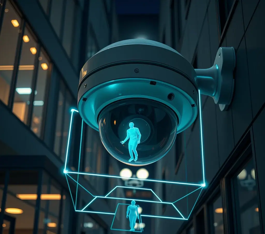 Cámara de seguridad IP con interfaz de análisis de vídeo inteligente mostrando detección de personas.
